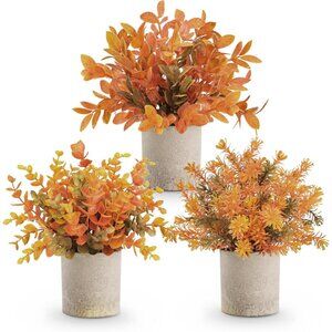 3 Pack Mini Potted Fake Plants Artificial Plastic Eucalyptus Plants Orange